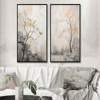 Designart "Minimalism Calm River Forest" Forest River Framed Wall Art Set Of 2 - Traditional Beige Wall Decor 2 Pieces