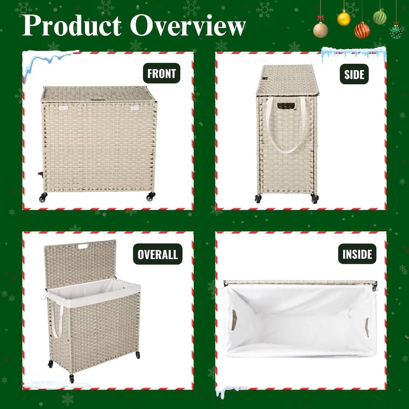 Laundry Hamper with Wheels, 160L Rattan Hampers & 2 Removable Liner Bags, Laundry Basket with Lid - 27"Lx 13.38"W x 26.18"H