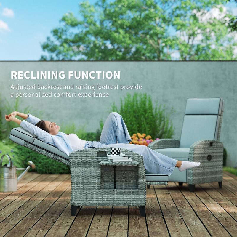 Outsunny Outdoor Recliner Chair with Cushion, PE Wicker Reclining Patio Lounge Chair with Adjustable Footrest