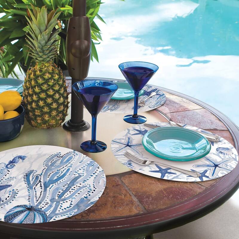 Wipe-Clean Reversible Round Shaped Placemats, Indigo Coastal, Set of 4, Made in The USA