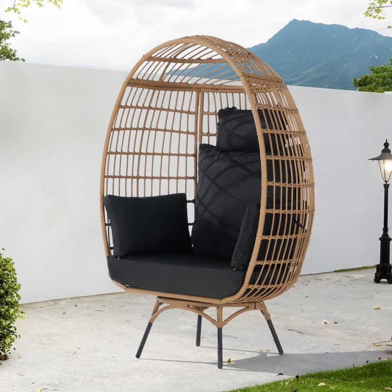 SANSTAR Patio Oversized Swivel Brown Wicker Egg Chair with Cushions