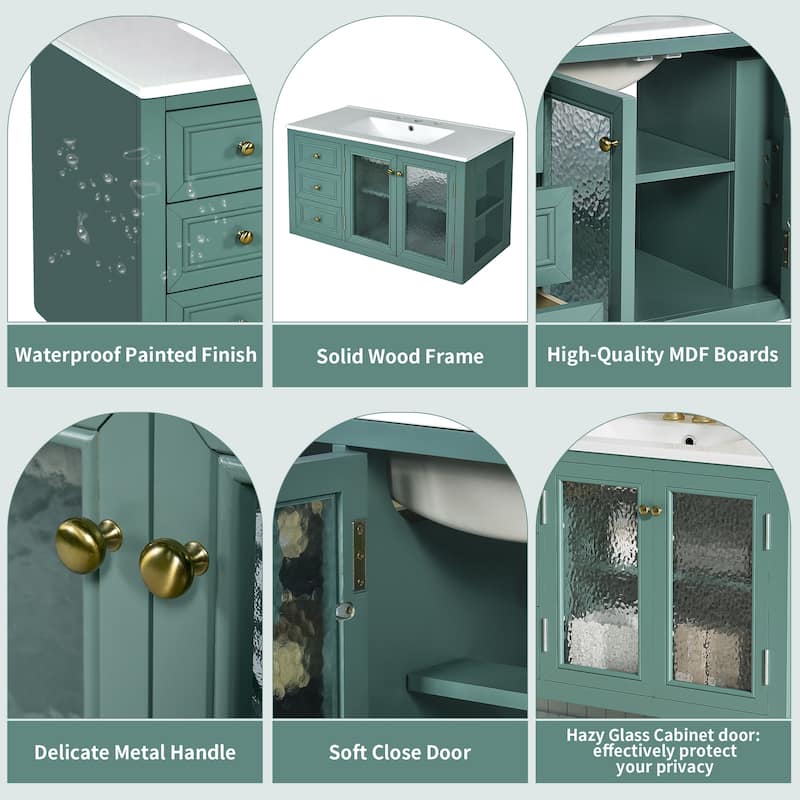 Roomfitters 36" Floating Vanity with Ceramic Sink, Wall Mounted Cabinet with 3 Drawers, Solid Wood Frame Design, Green