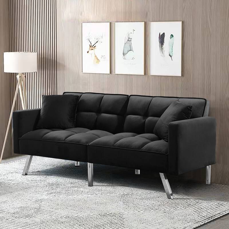Velvet Futon Sofa Bed with Two Pillows, Convertible Sleeper Sofa Couch with 3 Angle Adjustable Backrest, Modern Loveseat