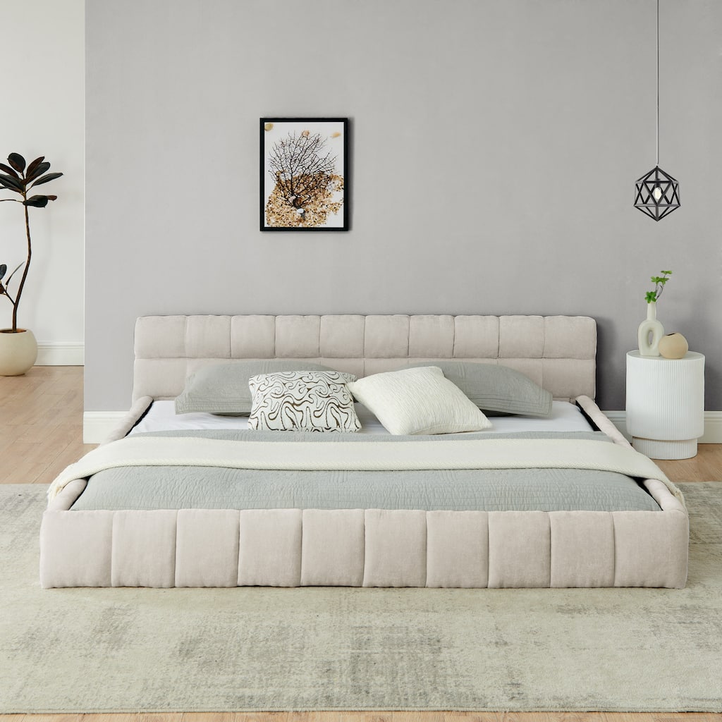 King Size Beige Upholstered Platform Bed Frame with Headboard