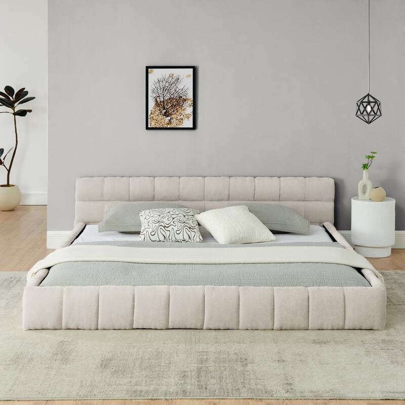 King size Upholstered Bed Frame with Thick Fabric, Chenille Fabric Grounded Queen Size Platform Bed with Headboard