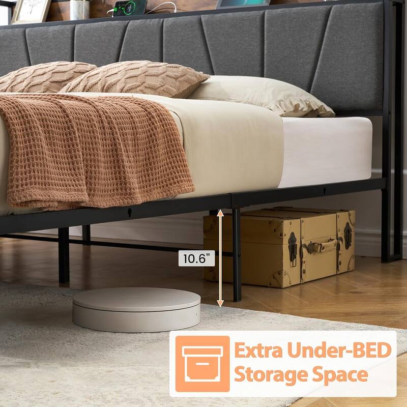 Linen Upholstered Platform Bed with Storage Headboard, 2 Drawers & Charging Station, No Box Spring Needed