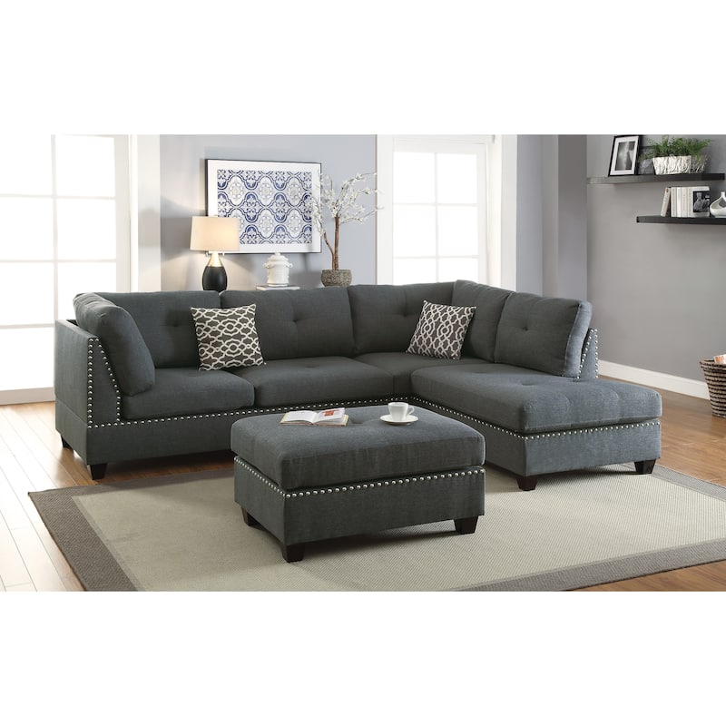 Bobkona Chaise Upholstered 3-piece Reversible Sectional Sofa Set - Grey Fabric