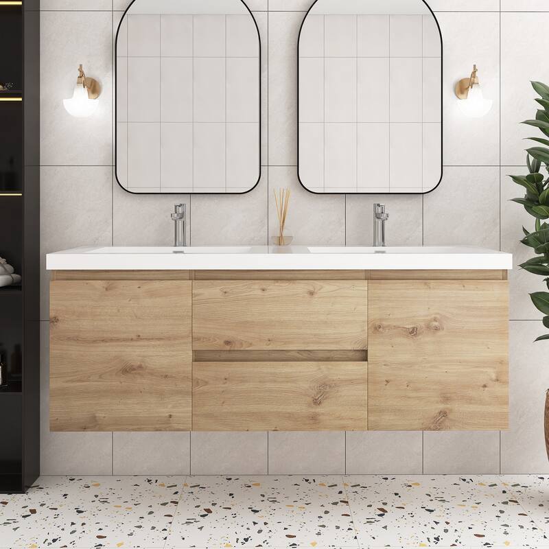 Angela Wall Mounted Bathroom Vanity in F. Oak with White Cultured Marble Top