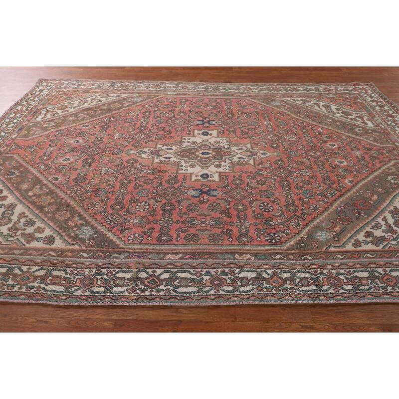 Geometric Pink Hamedan Persian Vintage Rug Hand-Knotted Wool Carpet - 6'7"x 9'7"
