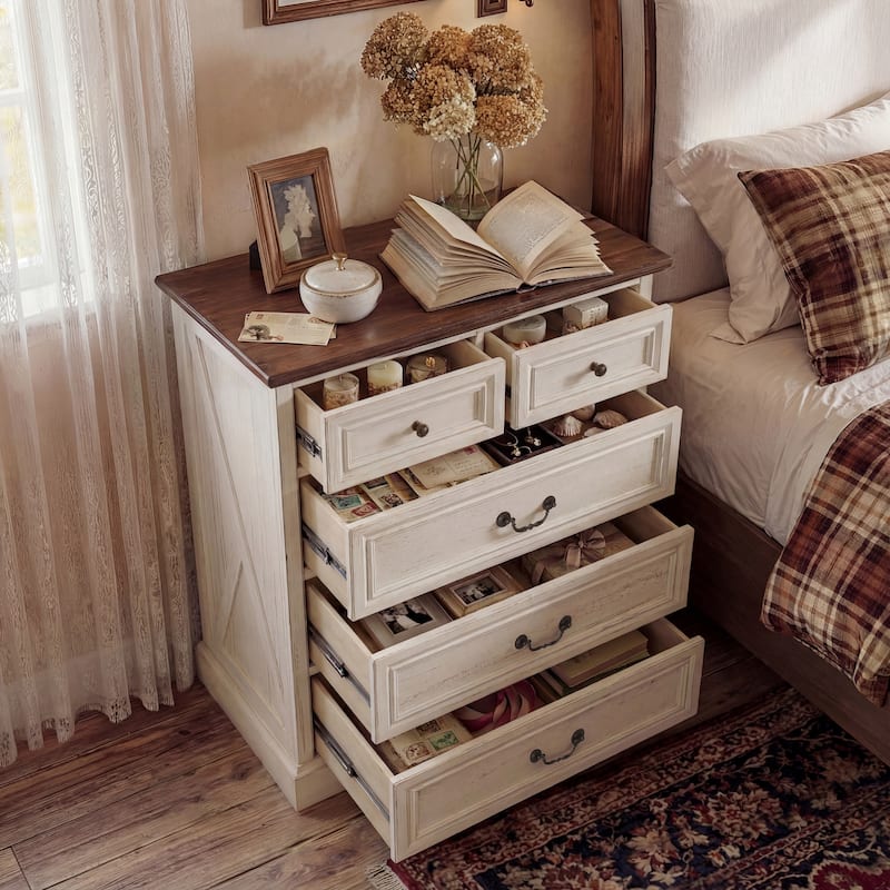 Farmhouse 5-Drawer Chest with Anti-Tip Device, Rustic Wooden Dresser for Bedroom, 36.3" Tall Storage Cabinet