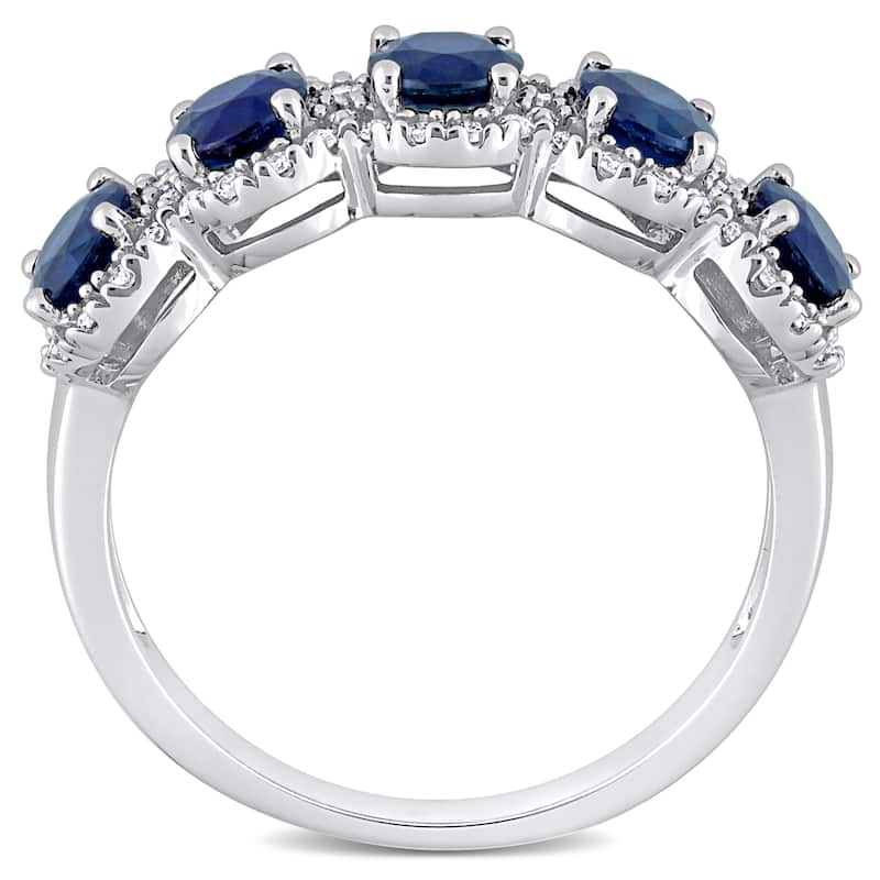 Miadora Blue Sapphire and 1/5ct TDW Diamond 5-Stone Halo Semi-Eternity Band Ring in 14k White Gold