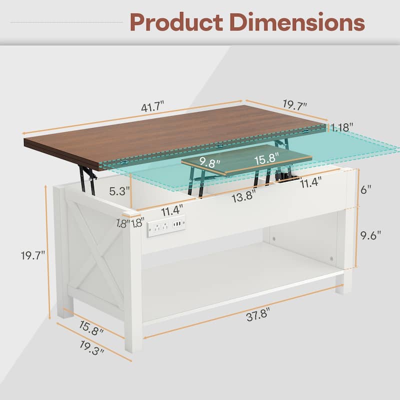 Gymojoy 42" 4-in-1 Lift Top Coffee Table with Charging & LED Lights, Farmhouse Storage Table for Living Room, Office, Dorm