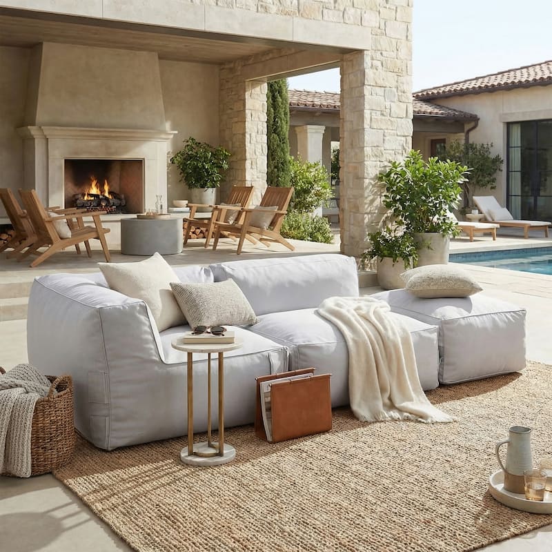 Christopher Knight Home - Nerissa 3-Piece Modular Outdoor/Indoor Bean Bag Sectional Sofa Set with Shredded Foam Filled & Ottoman