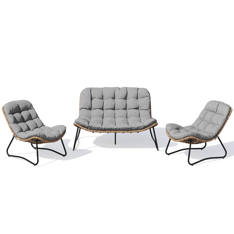 Double Papasan Chair Loveseat with Cushion, All-weather PE Rattan and Metal Frame for Indoor Outdoor - Dark Grey with 2 single chairs