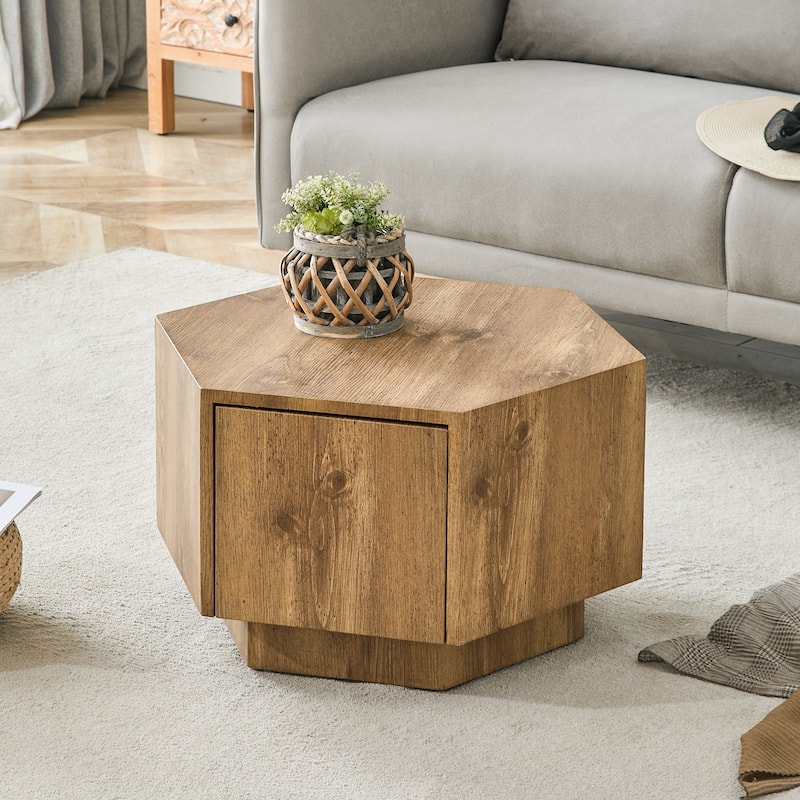 GDFStudio Elowen Wood Coffee Table with Hexagonal Design and Drawer