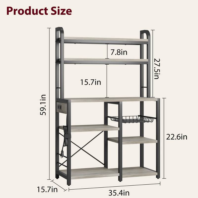 Industrial Bakers Rack with Power Outlet Microwave Oven Stand - 15.7"D x 35.4"W x 59.1"H
