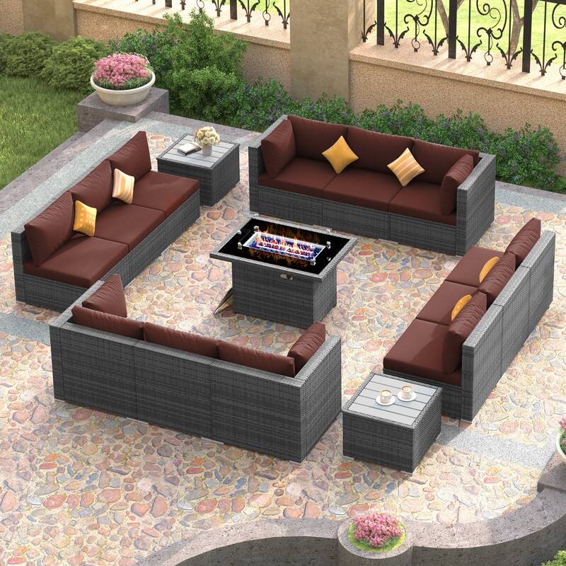 FINCATI Outdoor Grey Wicker Sectional Furniture Patio Sofa Set with Firepit Table - 15 Pieces - Red