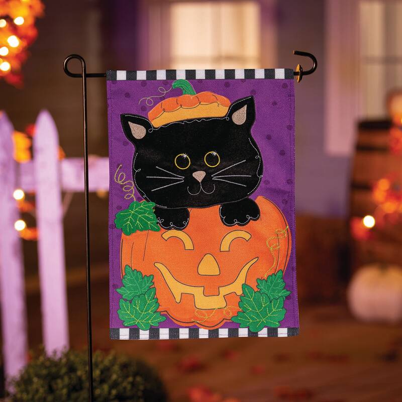 Jack O'Lantern & Black Cat Burlap Garden Flag