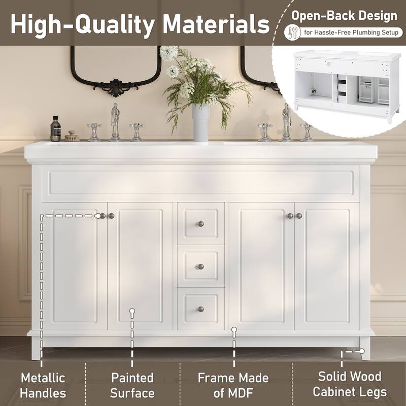 60" Bathroom Vanity-Classic-Wood Legs-Resin Double Sinks with Soft-Close Drawers & Doors.