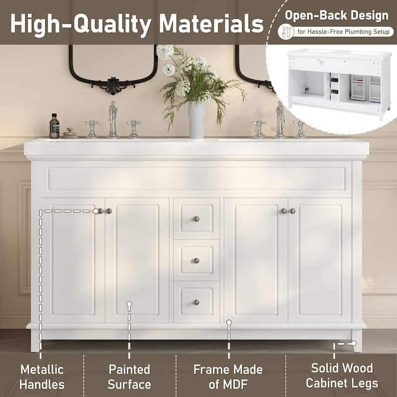 Christopher Knight Home - 58" Classic Wood Bathroom Vanity Cabinet with 3 Drawers & 4 Doors, Soft-Close, White.