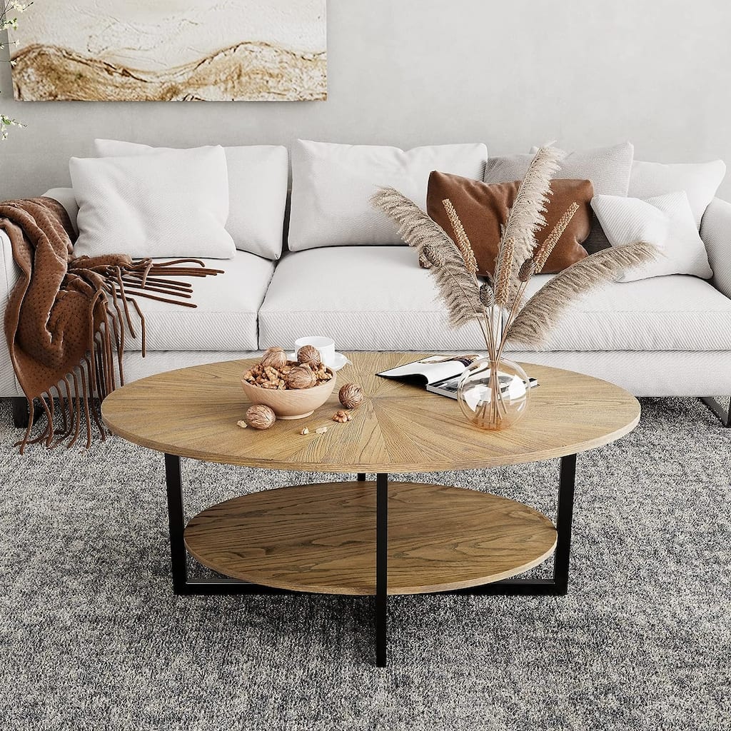 Solid Wood Oval Coffee Table with Cross Metal Legs