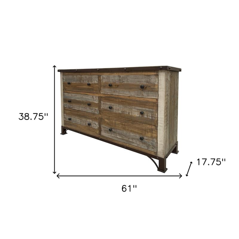 HomeRoots 61" Brown Solid Wood Six Drawer Double Dresser
