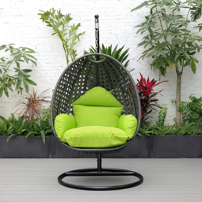 LeisureMod Charcoal Single Seater Rattan Wicker Egg Swing Hanging Chair for Indoor Outdoor Patio Porch Backyard Garden