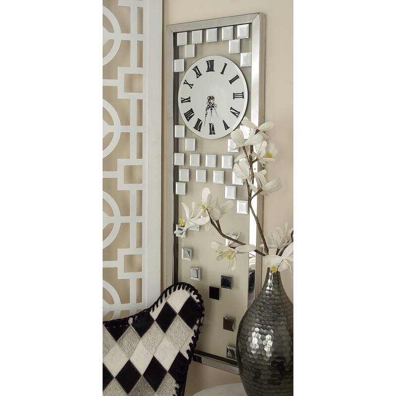 Silver Glass Beveled Mirrored Decorative Wall Clock - 13 x 42 - 13 x 42