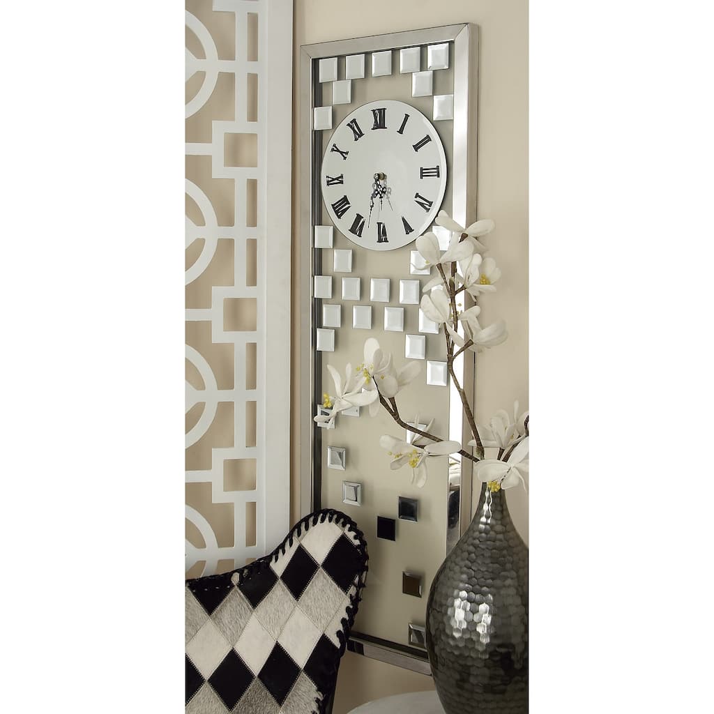 Silver Glass Beveled Mirrored Decorative Wall Clock - 13 x 42