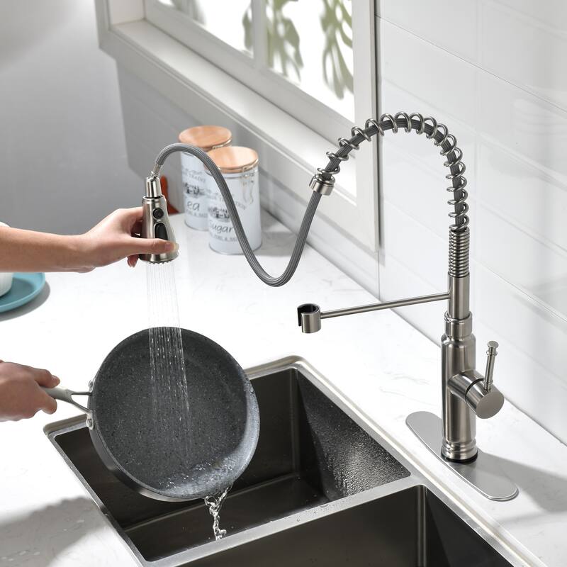 Spring Kitchen Faucet, Single Level Handle and Pull Down Sprayer