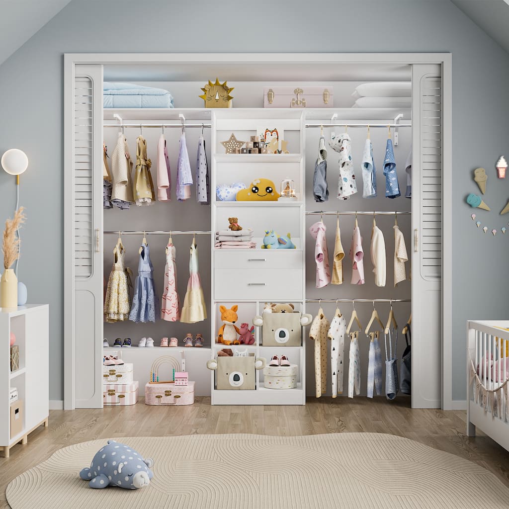 Closet System with Wooden Drawers & Cube Storage Organizer, 4.75-8FT Clothes Organizer Nursery & Walk-In Closets