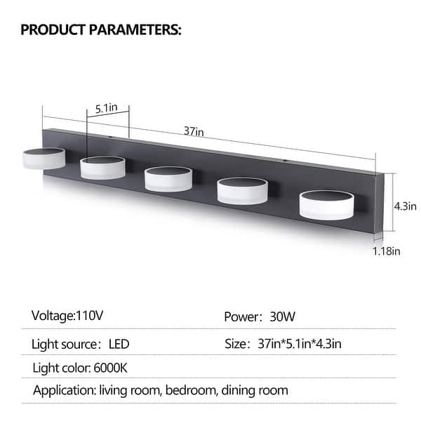 Modern LED 5-Light Black Vanity Wall Light Fixture for Bathroom Mirror