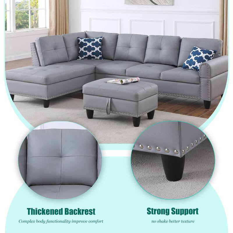 HOMEFUN Linen/Leather Upholstered L-Shaped 4-seater Multifunctional Sectional Sofa with Storage Ottoman,Cup Holder