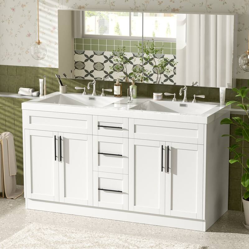 59" Double Sink Bathroom Vanity with SMC Top, Solid Wood Frame & Soft Close Doors, Gray Storage Cabinet