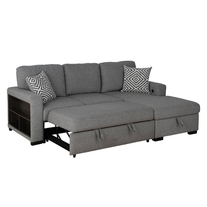 Furniture of America Oswin Modern Grey Pull-Out Sleeper Sofa Sectional with Storage Shelves and USB Ports