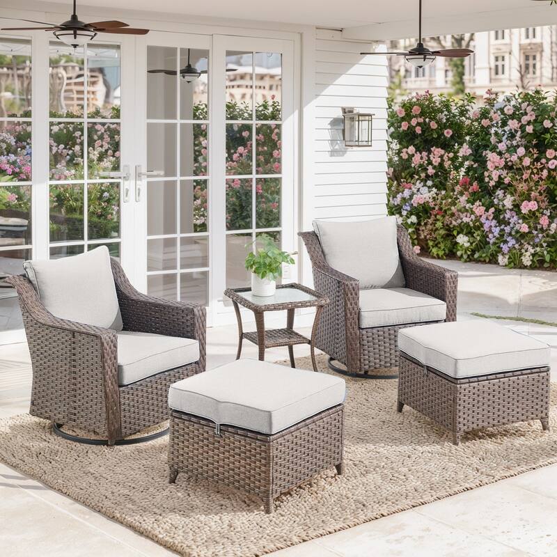 Swivel Patio Chairs with Ottoman, Glass Table - Brown - Beige - Brown