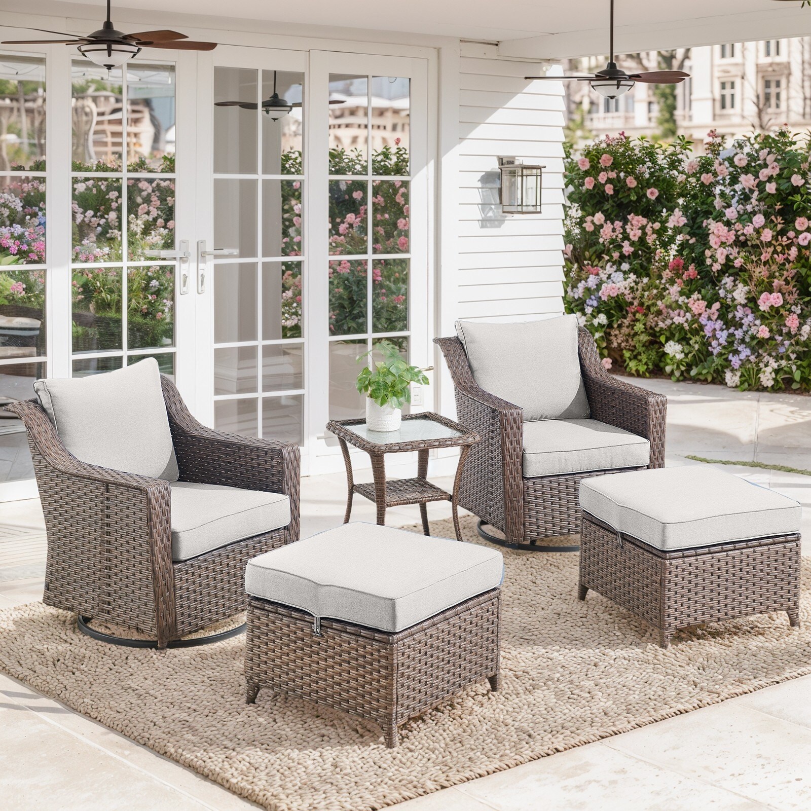 Swivel Patio Chairs with Ottoman Glass Table Brown