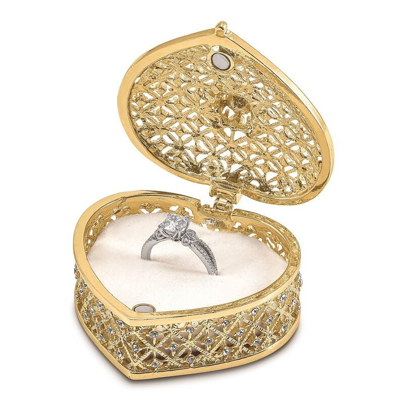 Curata Pewter Crystals Gold-Tone Enameled Romance Filigree Heart W/Ring Pad Trinket Box on 18 Inch Necklace