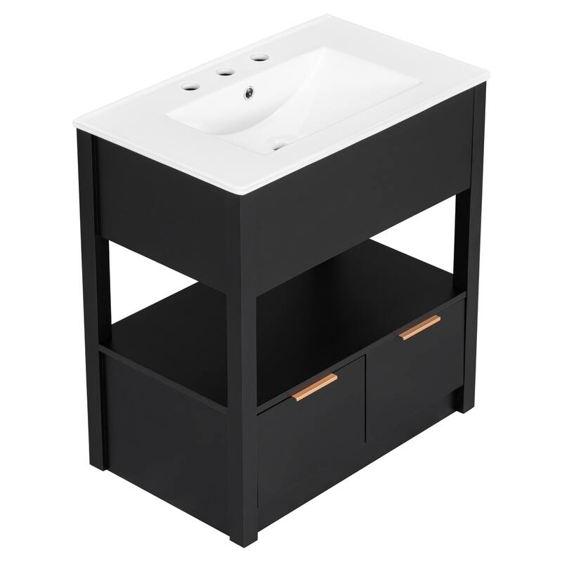 30" Bathroom Vanity with Sink Top, Bathroom Cabinet with Open Storage Shelf and Two Drawers, One Package