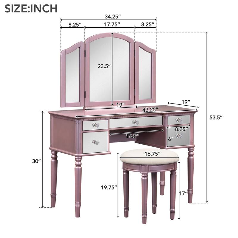 Pink Vanity Desk with Trifold Mirror,Dressing Table Set Makeup Vanity