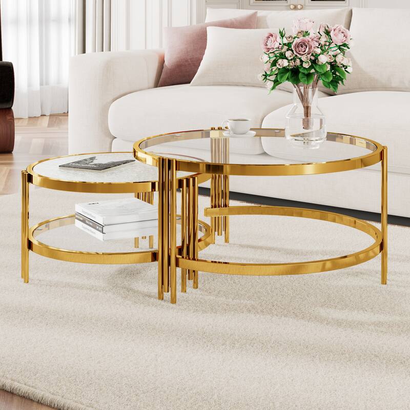 2-Piece Nesting Coffee Table Set, Round Glass Top Center Table with Lower Shelf, 2-Tier Metal Frame Storage Accent Tables