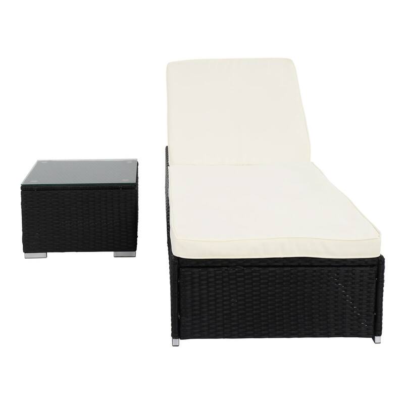 Patio PE Wicker Cushioned Single Chaise Lounge with Table