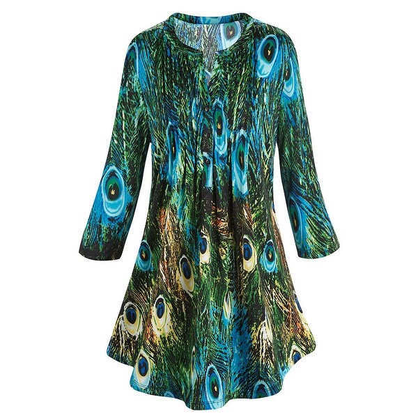 Women's Tunic Top - Green & Blue Peacock Feathers Pleated Blouse