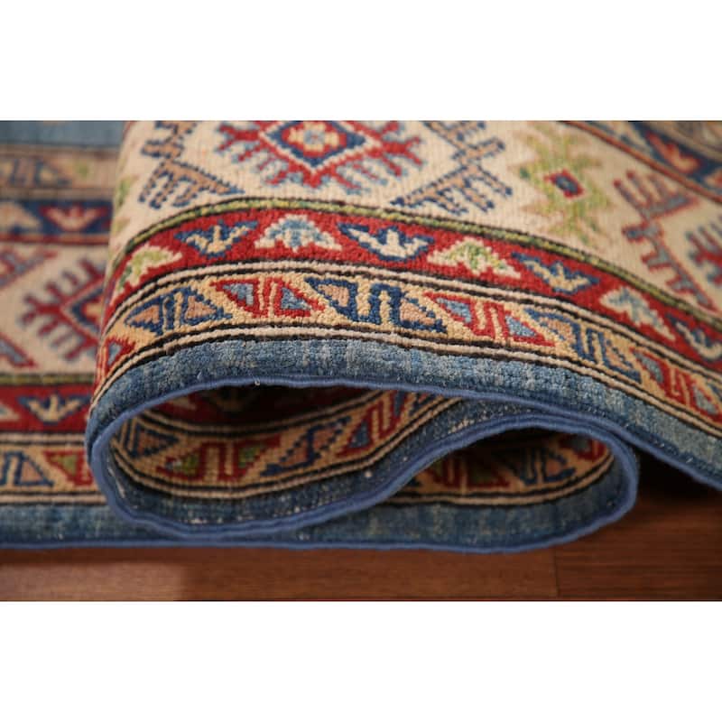 Light Blue Geometric Kazak Oriental Area Rug Handmade Wool Carpet - 4'0"x 5'11"
