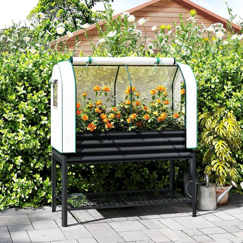 Outsunny Galvanised Raised Garden Bed with Greenhouse Cover, Metal Elevated Garden Bed with Legs, Bed Liner and Bottom Shelf - Black