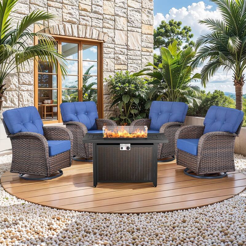 Pocassy Outdoor 43 In Fire Table with Swivel Chair Set - Brown Wicker Blue Cushion - 4-Piece Swivel Chair with Fire Pit Table