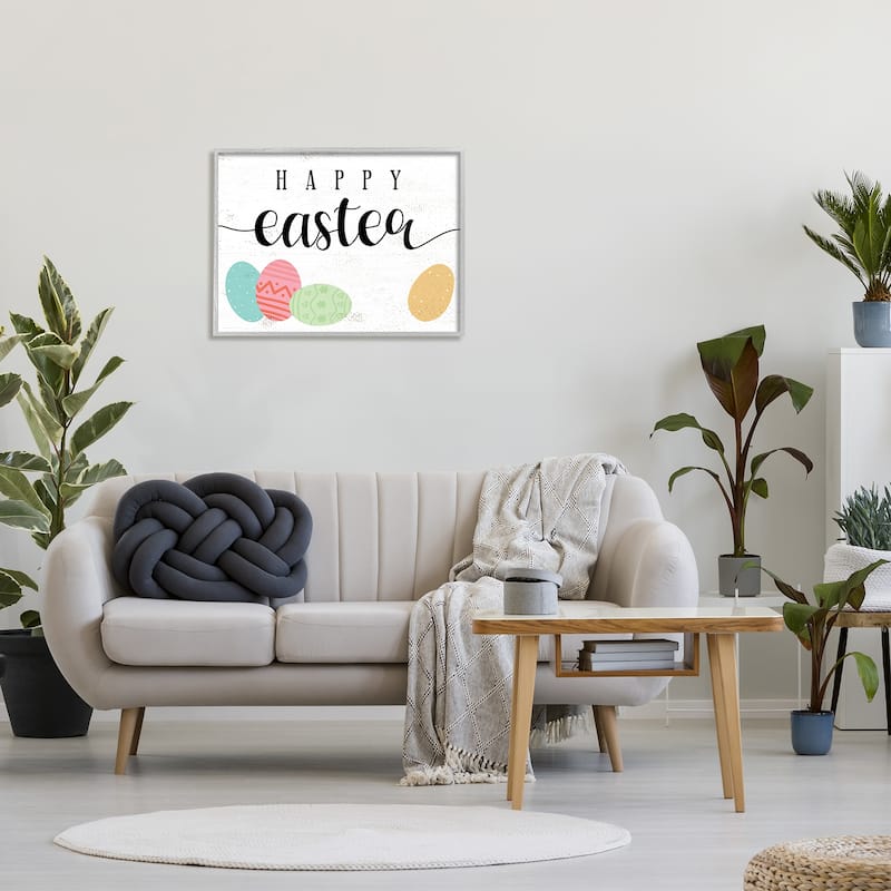 Stupell Happy Easter Greeting Fun Pattern Spring Holiday Eggs Framed Wall Art - White