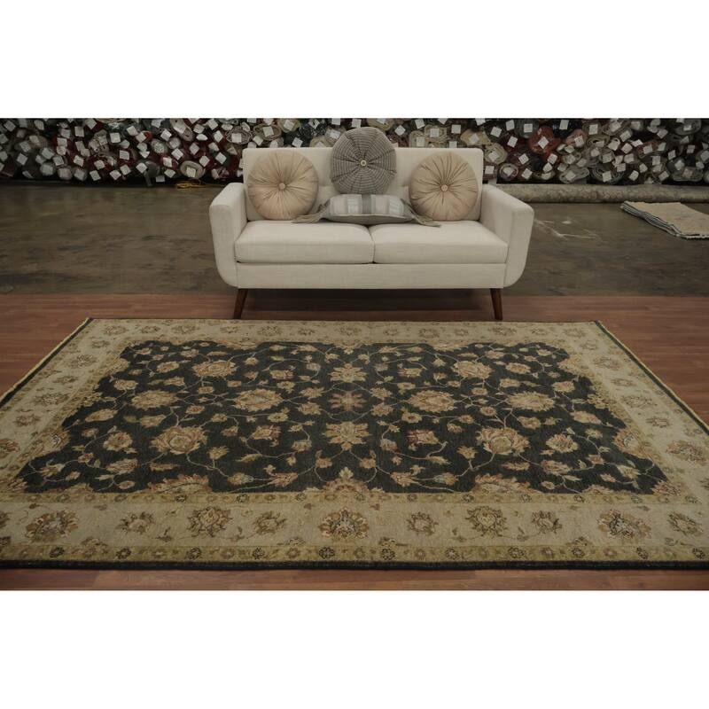 Hand Knotted Oriental 100% Wool Carpet Traditional All-Over Black Peshawar Area Rug - 9' 1'' X 5' 11''