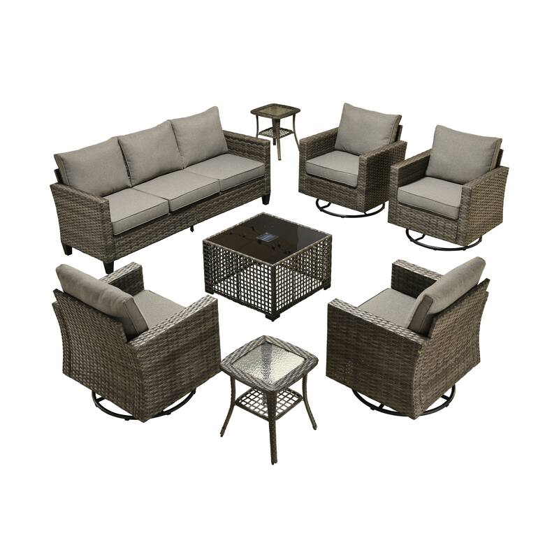 OVIOS 8 Pieces Outdoor Swivel Chair Set with Solar-Powered Table