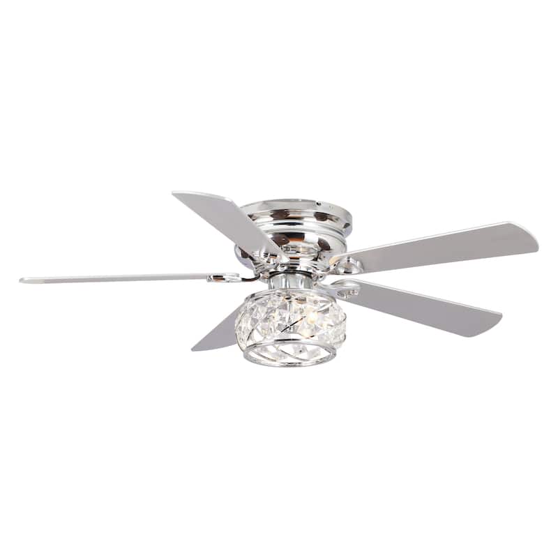 48" Chrome Wooden 5-Blade Crystal Flush Mount Ceiling Fan with Remote